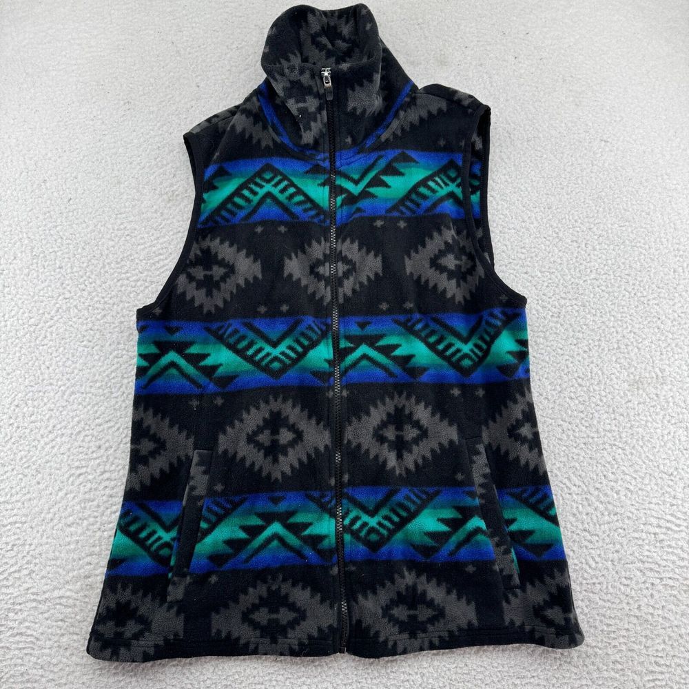 Vintage‎ Chaps Sport Vest Womens Large Black Aztec AOP Sleeveless Zip Jacket